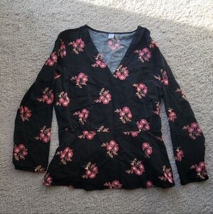 Old Navy Black Blouse with Pink Floral Design